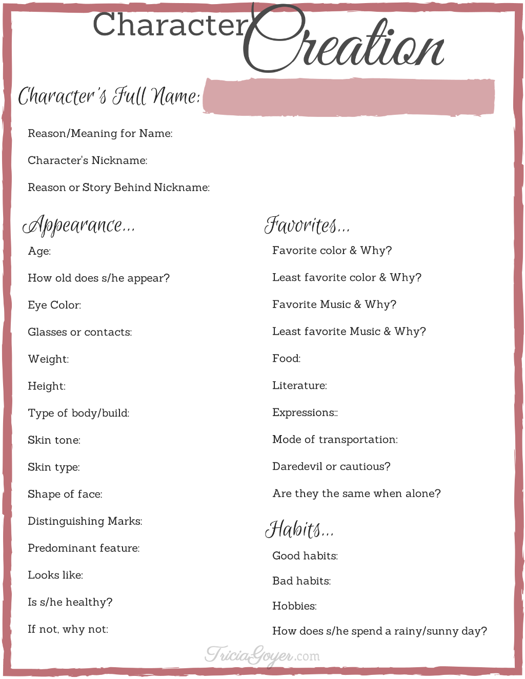 detailed character sheets for writers